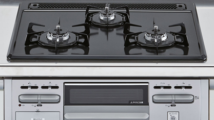 キッチン　LIXIL　シエラ　スライドストッカープラン　加熱機器　3口コンロ　ホーロートップタイプ