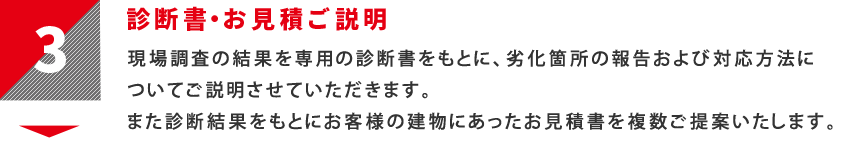 3：診断書・お見積ご説明　現場調査の結果を専用の診断書をもとに、劣化箇所の報告および対応方法についてご説明させていただきます。またその診断結果をもとにお客様の建物にあったお見積書を複数ご提案いたします。