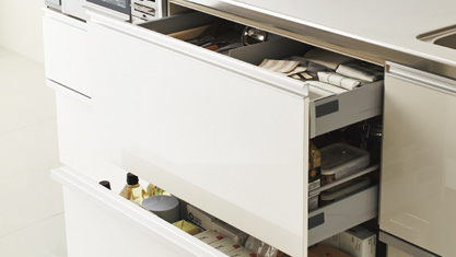 キッチン　クリナップ　ラクエラ　I 型スライド収納プラン　グランドシリーズ　フロアユニット　ベースキャビネット（フォローパレット付）
